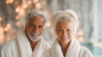 Older couple enjoying a day at spa together. Concept of love, companionship, active senior lifestyle. Blurred bokeh background.