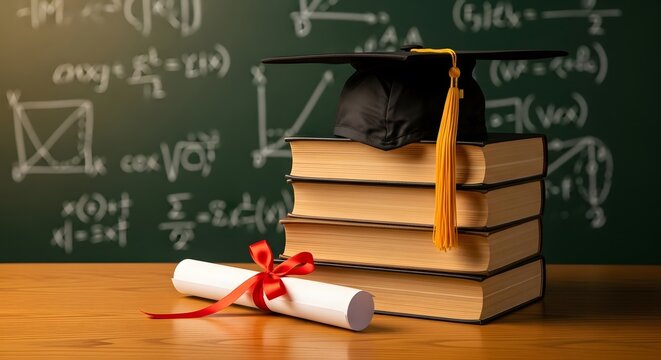 Academic Achievement Symbols Graduation Cap Books and Diploma on Desk with Chalkboard Background - Powered by Adobe
