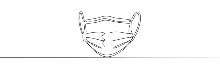A continuous line art depiction of a medical face mask with ear loops, essential for health protection, isolated on a white background.