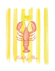 Retro vintage sea food artwork for t shirt, Lobster seafood vector art, poster graphic print, Italian coast seafood tour vector design, La dolce vita graphic print, Lobster watercolor vector art  