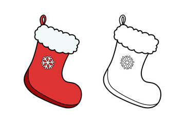 Christmas stocking with red color and blank outline for children's creative activity