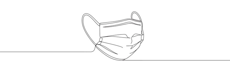 A continuous line art depiction of a medical face mask with ear loops, essential for health protection, isolated on a white background.	