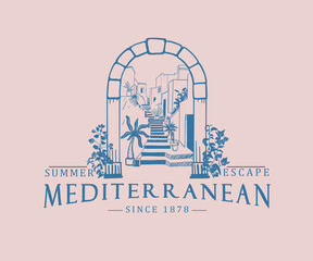 Mediterranean travel vector art, European summer vacation artwork, Holidays resort design for t shirt, poster, graphic print, Retro vintage summer tour art