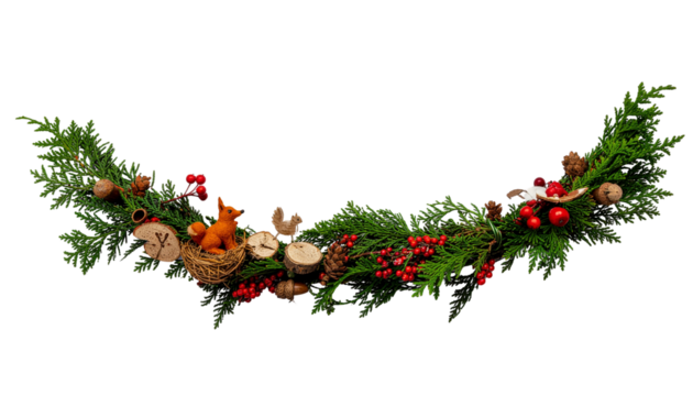 Christmas evergreen boughs arranged in a semi-circle with berries, pine cones, wood slices, and a small squirrel figurine, pure white background