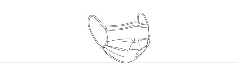 A continuous line art depiction of a medical face mask with ear loops, essential for health protection, isolated on a white background.	