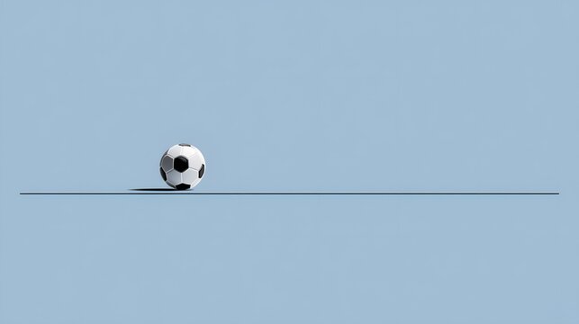 Minimalist soccer ball rests on a thin black line against a serene blue backdrop, evoking focus and the start of a game.