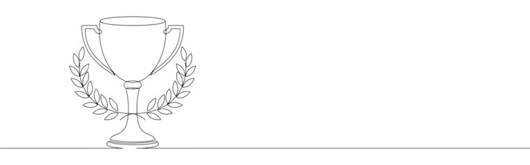 A continuous line drawing of a classic trophy cup encircled by a laurel wreath, representing victory, achievement, and success, on a white background.