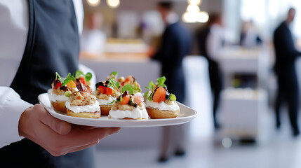 A server holds a plate of tasty, gourmet appetizers. The creamy filling and colorful toppings on the bites suggest a fresh, flavorful experience. Ready to serve!