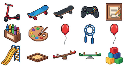 Colorful pixel art of classic childhood toys and games