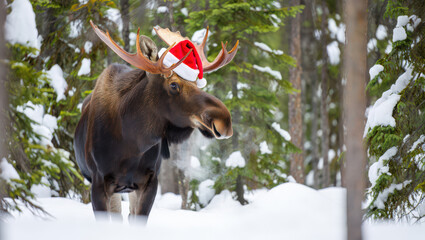 A Majestic Moose Wearing a Santa Hat Standing in a Snowy Forest During Winter, Evoking a Sense of Holiday Cheer and Wilderness Wonder in a Cold Environment