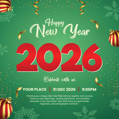 Happy New Year 2026 Party Celebration Poster, 2026 New Year's Eve Invitation Template Design, Festive Green and Red New Year Holiday Background, Corporate 2026 Success Greeting Card Banner