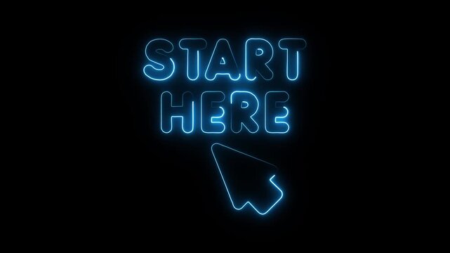 Neon blue start here text with cursor pointer glowing on black background digital animation concept for beginning