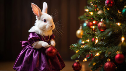 A Rabbit's Elegant Season A refined rabbit, dressed in a purple gown, holds an ornament near a decorated tree, embodying sophistication and holiday spirit in a warm setting