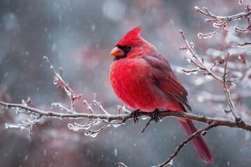 Bright red cardinal perched on icy branch in winter scene