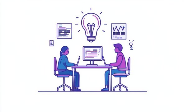 Collaborative workspace illustration emphasizing ideas and teamwork with purple and blue theme