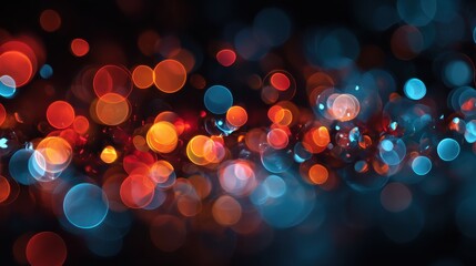 abstract image with vibrant blurred light particles in shades of red blue and orange creating a dynamic and festive bokeh effect against a dark background