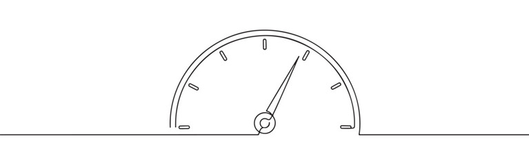 A continuous line art depiction of a speedometer or gauge with its needle indicating a specific value, isolated on a white background.