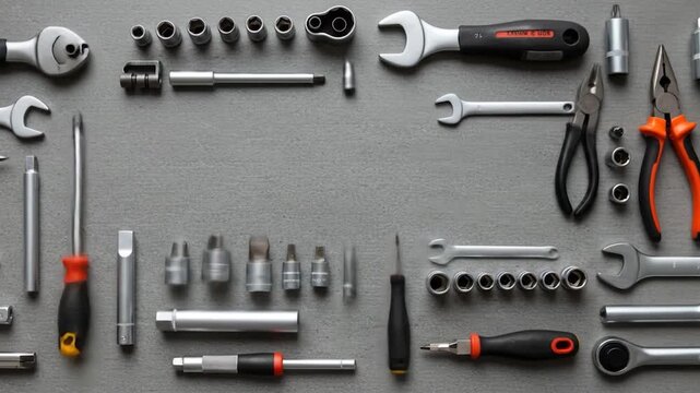 Assortment of hand tools laid out on a plain gray background for DIY and repair