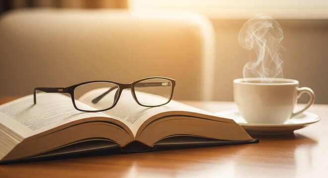 Open book with glasses and steaming cup of coffee on a wooden table.