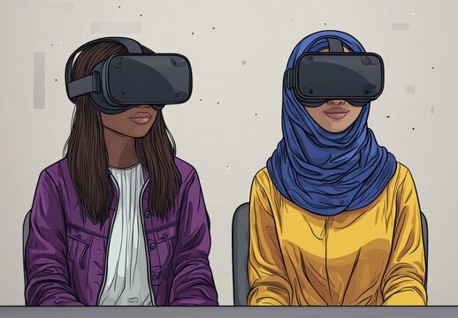 Two individuals exploring virtual reality with VR headsets in a modern setting