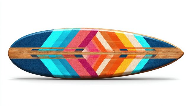 a wooden surfboard with a colorful design cut out isolated on transparent or white background