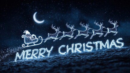 santa claus riding in his sleigh pulled by reindeer across a starry night sky wishing everyone a merry christmas with glowing text