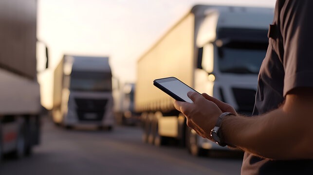 A person holding a mobile phone in a truck parking, surrounded by trucks, using technology to stay connected and manage logistics efficiently. Modern transportation on the go. - Powered by Adobe