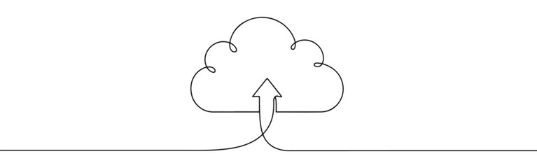 A continuous line art depiction of a cloud with an upward-pointing arrow, symbolizing cloud upload, data transfer, or digital storage, isolated on a white background.