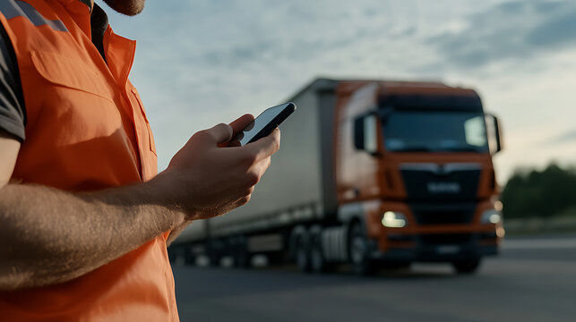 Focused driver in hi-vis vest uses smartphone with commercial truck in background. Modern logistics meets mobile technology for efficient transportation management.