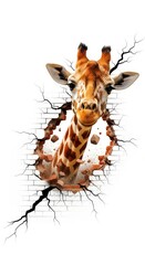 Fototapeta premium A giraffe busting or breaking through a wall on a solid white background, animal photo