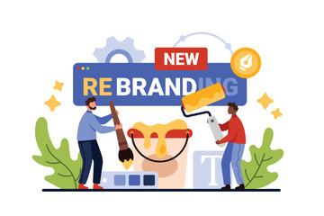 Company rebranding, change brand recognition and identity development. Tiny people paint with brush and roller new advertising design, restyling commercial product cartoon vector illustration