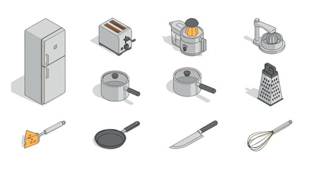 Modern isometric kitchen appliances and utensils collection