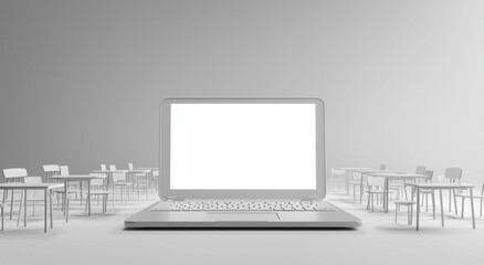 Fototapeta premium Open laptop demonstrating educational tools in a miniature classroom environment