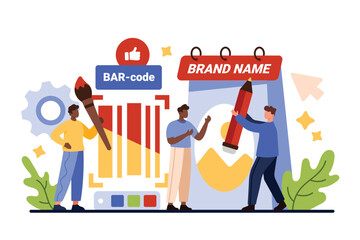 Rebranding, company identity development and creation. Tiny people with pencil and paint brush change creative advertising design and brand name to rebrand business cartoon vector illustration