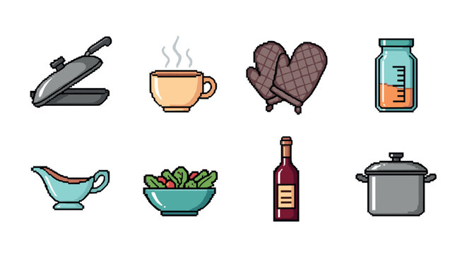 Pixel art kitchen essentials cooking tools and ingredients in iconic style