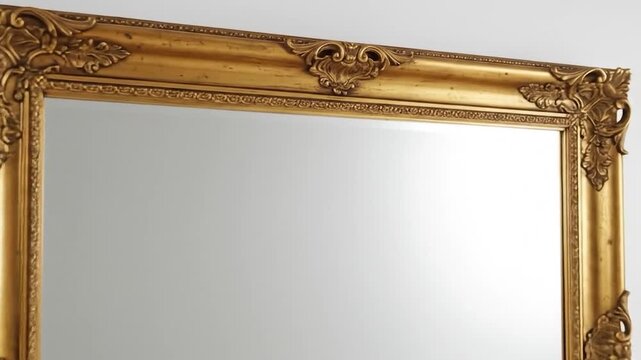 Ornate gold framed mirror reflecting a bright, empty space