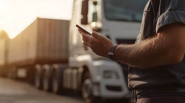 A truck driver pauses, smartphone in hand, before his rig. The scene conveys the blend of technology and transportation in modern logistics, highlighting digital communication.