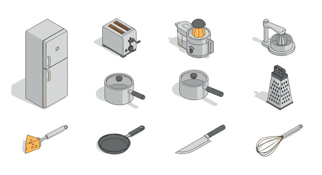 Modern isometric kitchen appliances and utensils collection