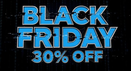Black friday sale banner with blue text and glitch effect on a dark binary code background design layout