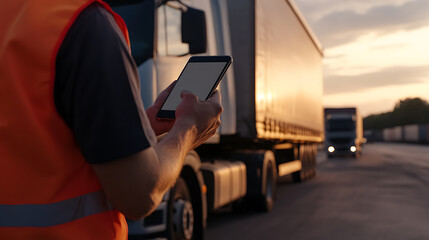 A worker in a reflective vest uses a smartphone in front of a semi-truck under a warm sunset sky. Focused on tech-driven logistics for efficient transport.