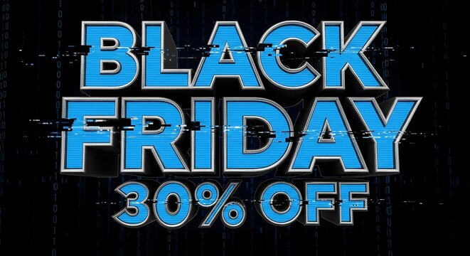 Black friday sale banner with blue text and glitch effect on a dark binary code background design layout