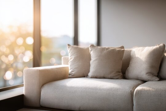 Cozy living room with a comfortable sofa and sunlight streaming in - Powered by Adobe
