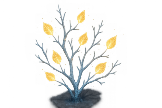 Bare tree with golden leaves drawing representing new beginnings and persistent hope, transparent background - Powered by Adobe
