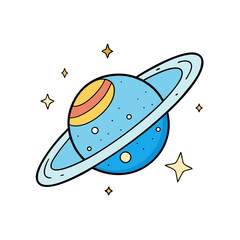 Cute cartoon planet with rings and stars in outer space