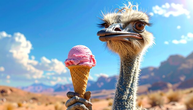 An animated ostrich holds a pink ice cream cone under a blue sky, with desert mountains in the background