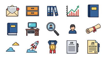 Colorful icon set of office and business essentials with modern pixel art style