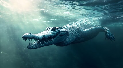 Alligator swimming underwater with mouth open and sharp teeth visible Photo