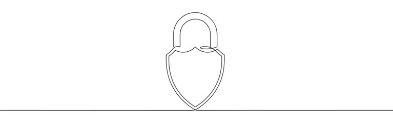 Continuous line art depiction of a padlock shaped like a shield, symbolizing strong and impenetrable security, isolated on a white background.