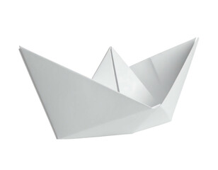 A close-up view of a folded paper boat, made of white paper. The boat sits on a black background, perfect for a concept