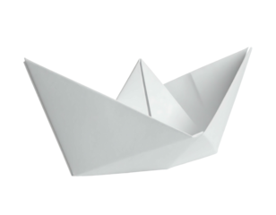 A close-up view of a folded paper boat, made of white paper. The boat sits on a black background, perfect for a concept